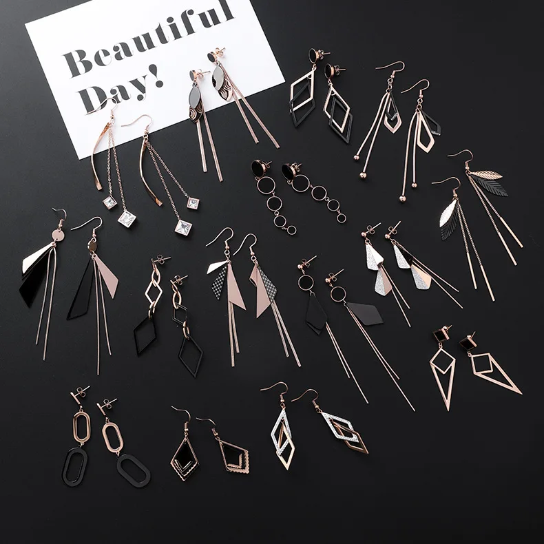 New Listing Geometric Titanium Steel long Tassel Girl Earrings gold Stainless Steel Triangle leaf Girl Black Jewelry Earrings 1