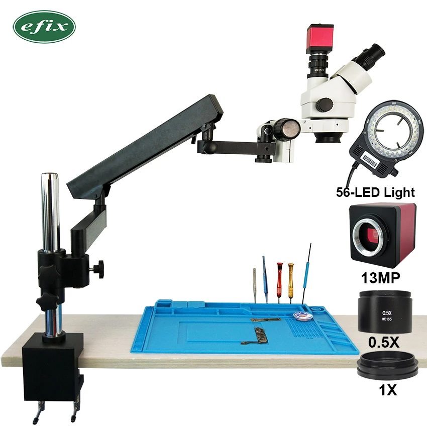 

efix 13MP HDMI VGA 3.5-45X Trinocular Stereo Zoom Soldering Microscope Articulating Arm Clamp Stand Camera Mobile Phone Repair