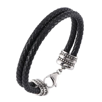 

Personalized simple lobster buckle black woven double leather bracelet Stainless steel fashion glamour men's bracelet 7-SP0173