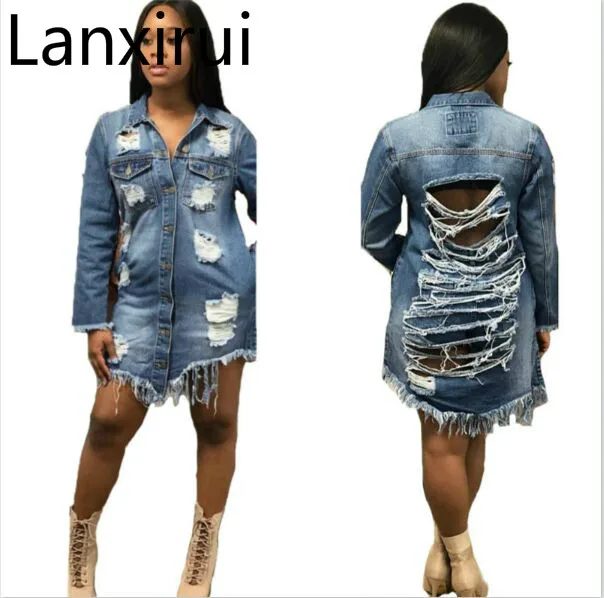 

Women Blue Denim Ripped Detail Hole Coat Boyfriend Denim Jacket New Fashion Women Clothes