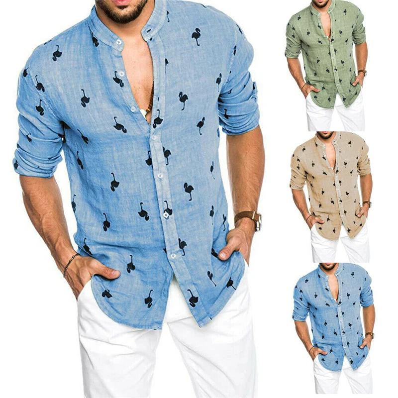 Новая Осенняя Мужская льняная блузка мягкого силуэта с длинными рукавами и принтом тонкие воздухопроницаемые рубашки Мужская одежда Мужская Повседневная рубашка блузка Топы больших размеров