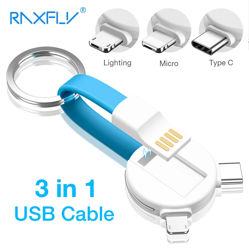 

RAXFLY 3 In 1 Keychain USB Cable For iPhone Charger Micro USB Type C Cable For Samsung Xiaomi 9T K20 Pro Huawei Charging Wire