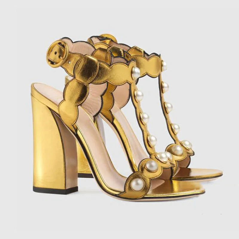 

2018 New Women Leather Chunky Heels Sandals Pearls Decor Ankle Strap High Heels Shoes Woman Summer Party Wedding Sandals