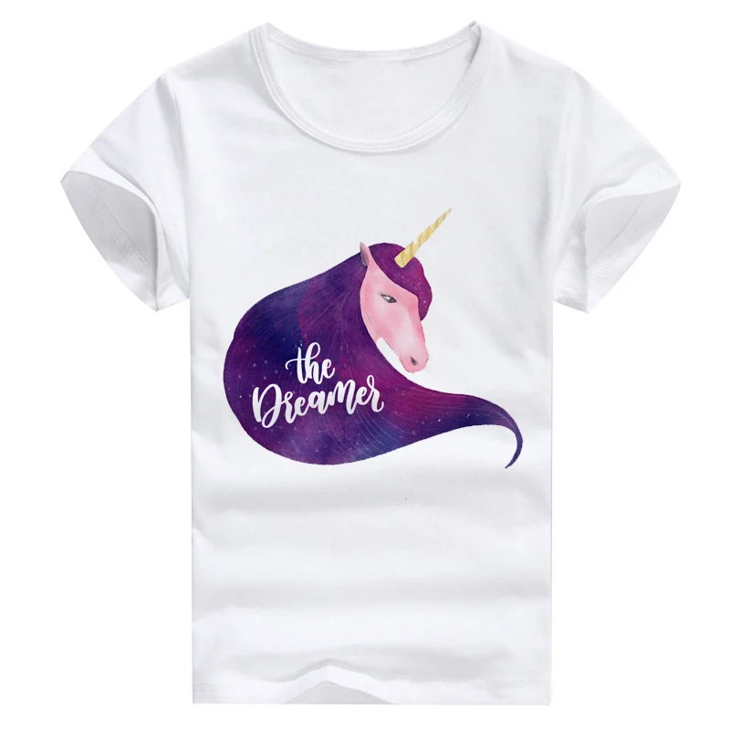 

the dreames unicorn head purple hair print t-shirt for kids summer family outfit tops wholesales and dropship