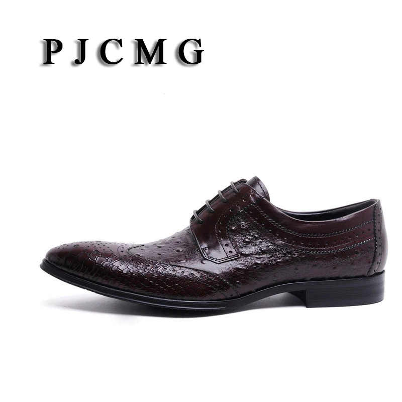 Pjcmg итальянский бренд страуса Стиль модные Пояса из натуральной кожи Для мужчин Оксфорд острый носок Повседневное Бизнес Для мужчин платье свадебные туфли