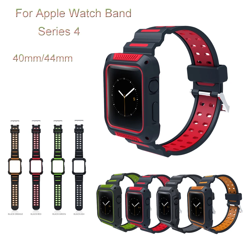 

Sport Silicone Case Band 2 in 1 For Apple Watch 44mm 40mm Protective Cover Watchband For iwatch 4 shell Bracelet Strap Accessory