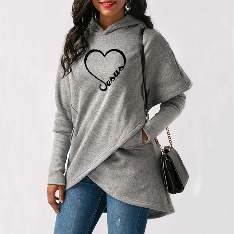  Women Hoodies Sweatshirts 2019 New Love Heart Jesus Faith Print Long Sleeve Hoodies Christmas Warm 