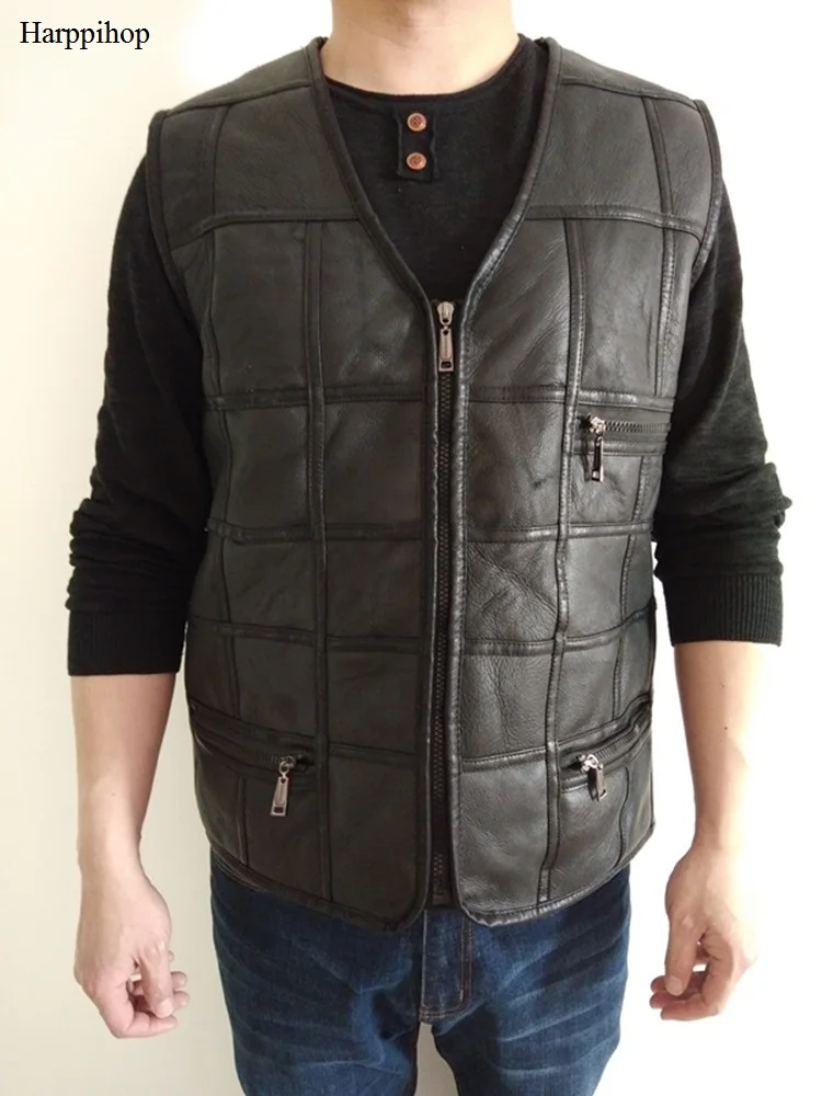 New Fashion Leather Vest Men's Suit Leather Waistcoat Winter Sheepskin Vests Genuine Leather