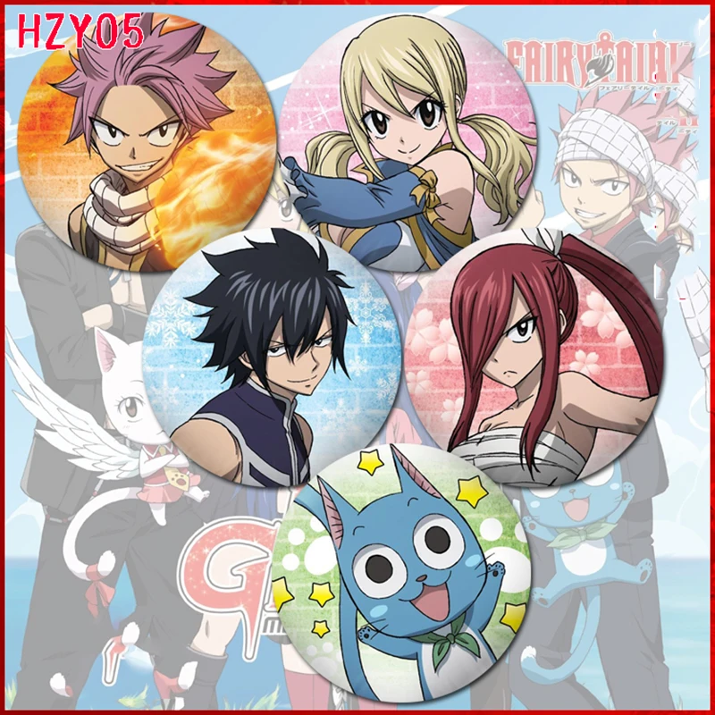

ZXFJXR 58MM Fairy Tail Dragneel Erza Cute Animation Lucy Heartfilia Badge Pins Broochs Icons Backpack Round Badge