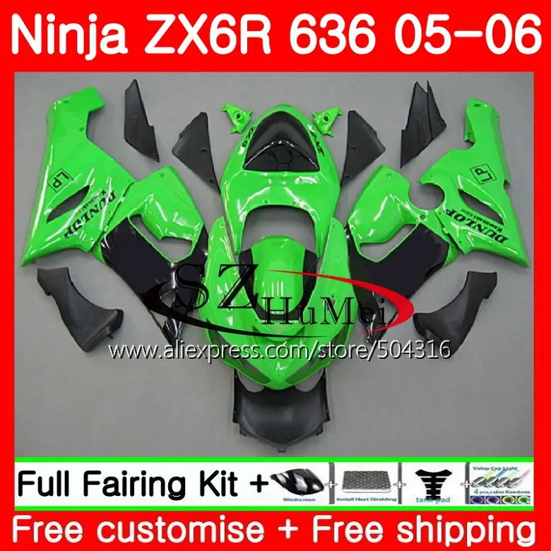 Корпус для KAWASAKI NINJA 600CC ZX 6R 05-06 ZX-636 ZX636 9SH12 ZX6R 05 06 ZX600 ZX 636 ZX-6R 2005 2006 горячий зеленый blkFairings комплект