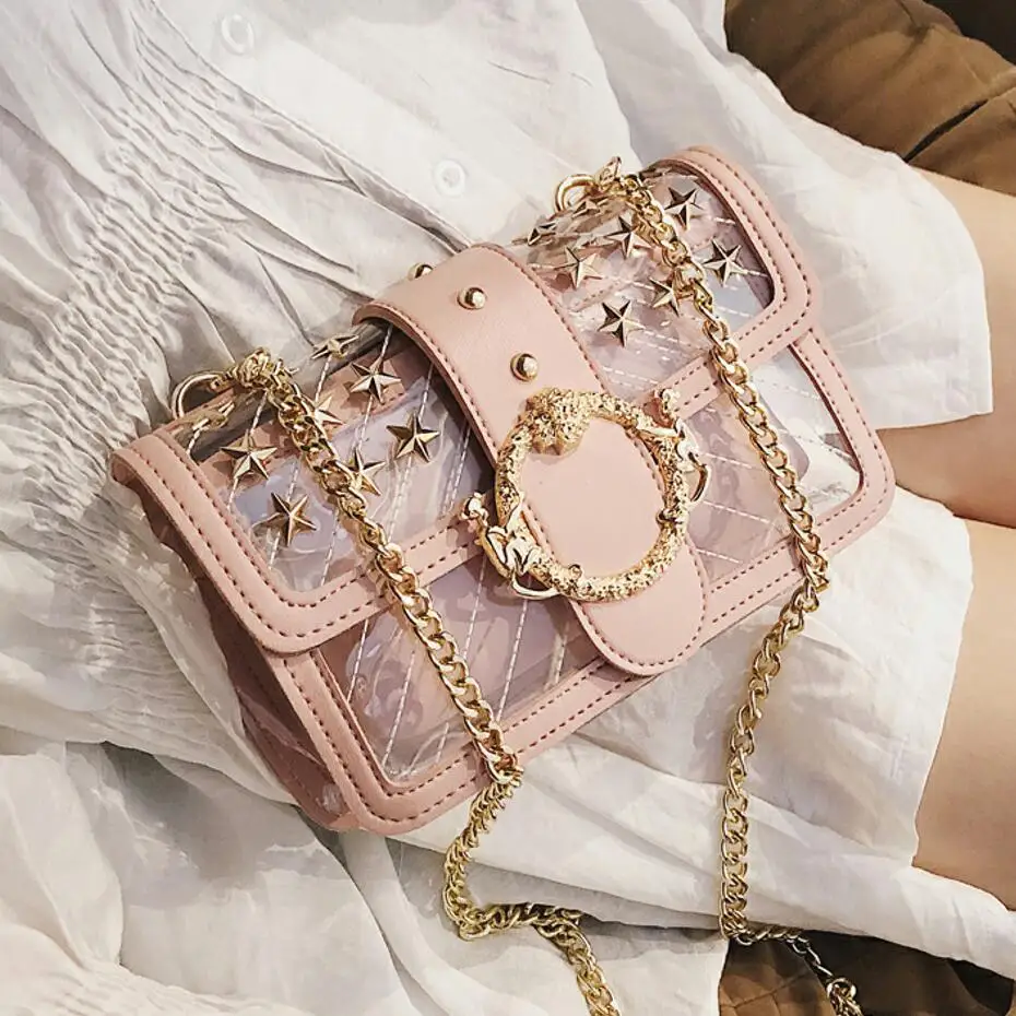 

Transparent Jelly bag 2019 Fashion New High Quality PVC lady's Designer Handbag Cute Girl Lock Chain Shoulder Messenger bag