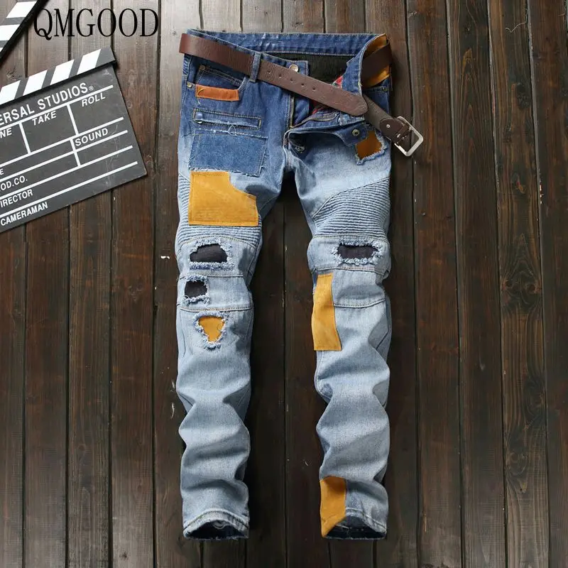 QMGOOD Men's Jeans Patch Stitching Ripped Denim Hip Hop Male Straight Slim Beggar Hole Silm Pants Men Fashion | Мужская одежда