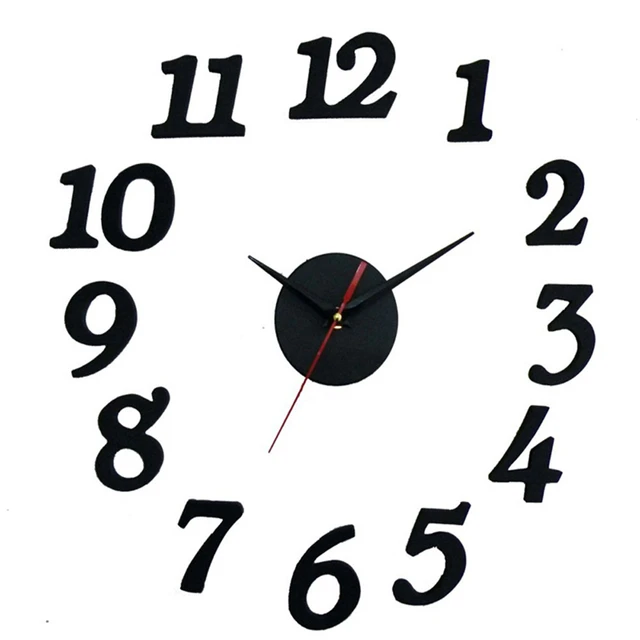 3D Black DIY Self Adhesive Wall Clock Circular Mirror Clock For Room