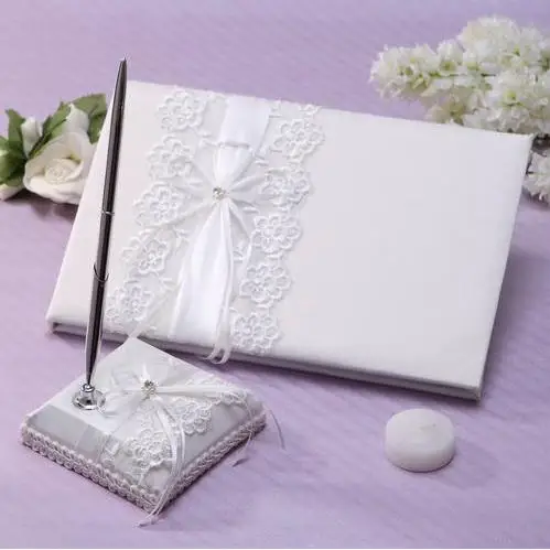 

White Color Lace Bow Wedding Guestbook & Pen Set With Rhinestone Sash
