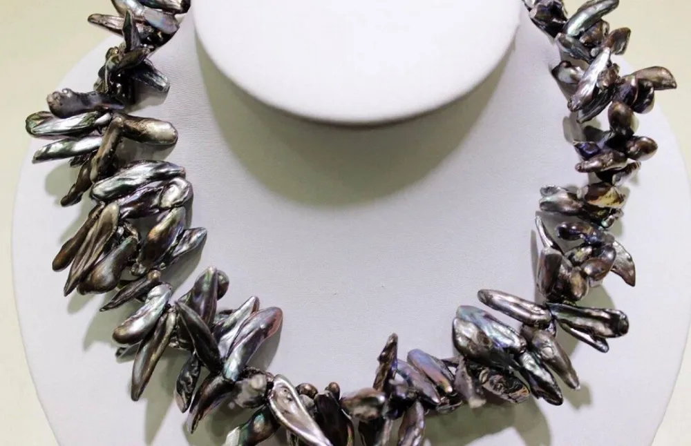 

FREE SHIPPING>>>@@ > N3333 Black Beautiful keshi reborn pearl double necklace 18INCH 7x21mm "handmade"Alloy