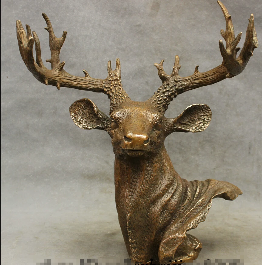 

15" Chinese Bronze Copper Home FengShui Animals Deer Head Statue Art Sculpture