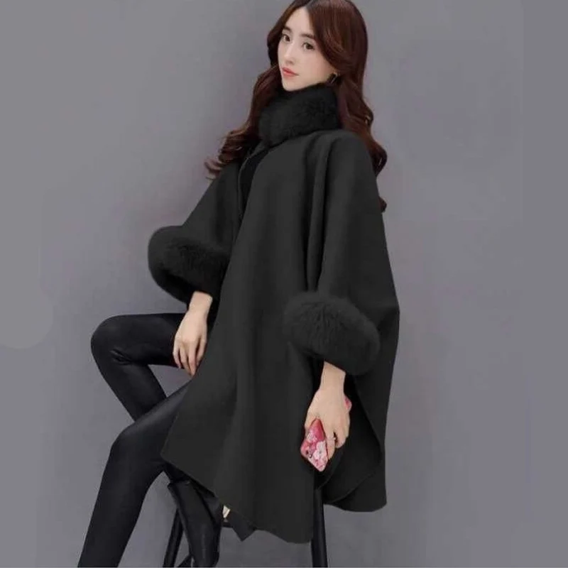 

Hot Women Winter Woolen Overcoat Fur Collar Sleeves Cloak Loose Irregular Hem Coat CGU 88