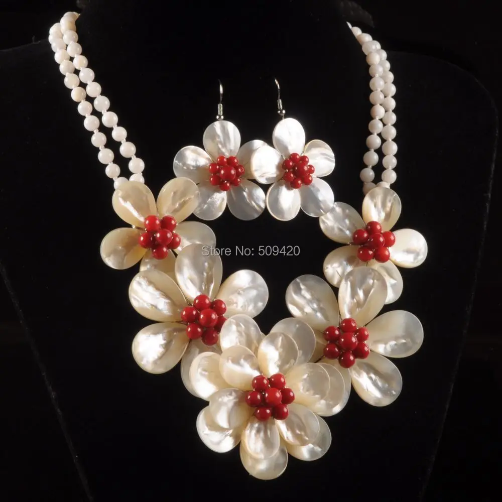 

Wholesale>>ww7934 Mother of pearl MOP shell coral flower pendant earrings necklace set
