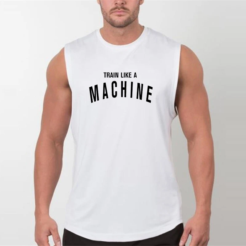 Train Like A Machine slogan on a gym tank top4