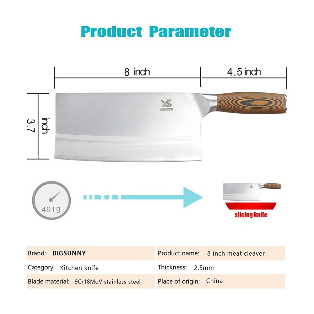 BIGSUNNY китайский кухонный нож-8 Кливер-разделочный нож-овощерезка-9Cr18MoV нержавеющая сталь с ручкой Pakkawood