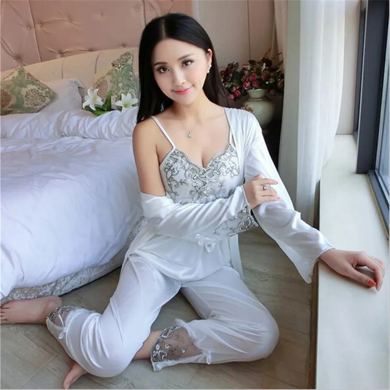 High end Spring Autumn Women's Silk Satin Lace Silk Pajamas Three