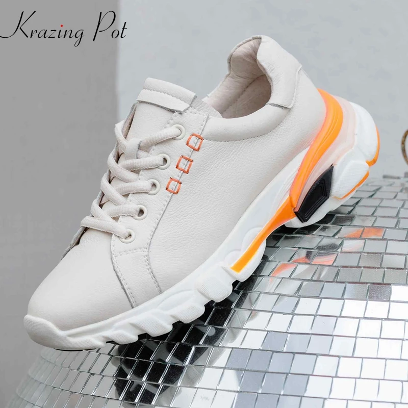 

Krazing pot new genuine leather white sneakers lace up summer casual mixed color round toe big size loafers vulcanized shoes L56
