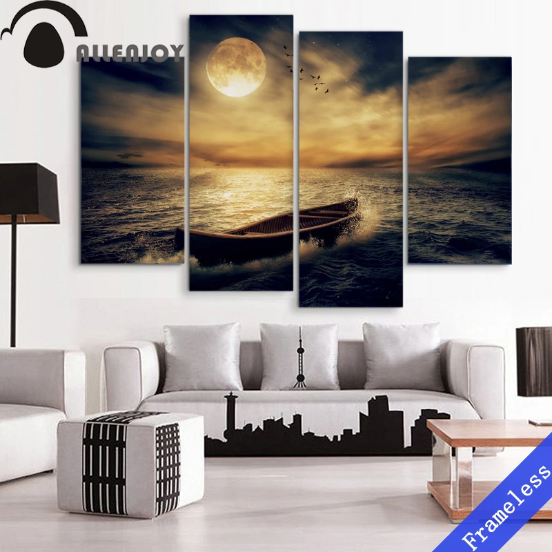 4 Pieces Night Sea surface moon boat Modern Wall Art Decor Home Decoration Picture Paint Canvas Prints Painting bedroom Unframed | Дом и сад