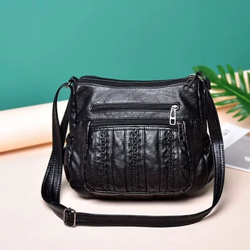 

JHD-Fashion Women Crossbody Bag Black Soft Washed Leather Shoulder Bag Patchwork Messenger Bag Small Flap Bag For Girls Black