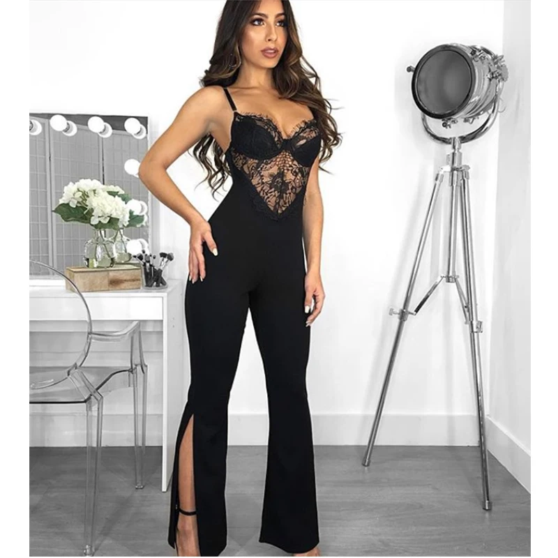 

KLEEZY 2019 New Summer Women Jumpsuit Rompers Sexy Lace Spaghetti Strap Club Jumpsuit Black Celebrity Party Long Jumps BY968