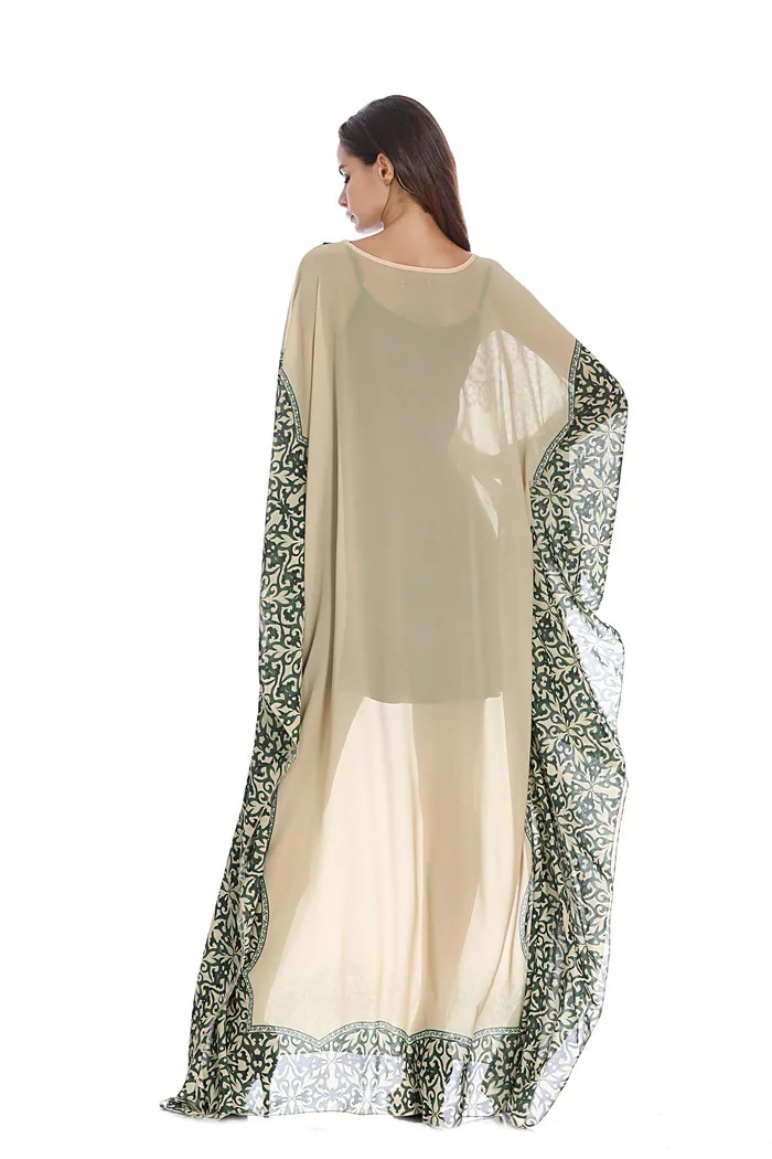 Винтажная шифоновая абайя с принтом, рукав летучая мышь, женское свободное сексуальное длинное платье макси, прозрачное рамаданское платье VKDR1256