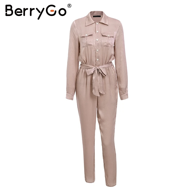 Женский комбинезон с поясом BerryGo Осенний сатиновый на кнопках длинным рукавом и