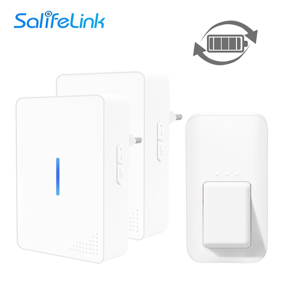 

Salifelink New Self-powered Wireless Doorbell No Battery Waterproof 120M Remote EU Home Door Bell Chime Ring 1 Button 2 Receiver