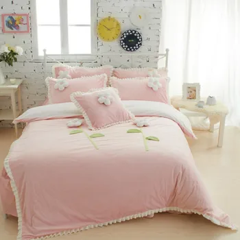 

Pink Purple Blue Princess style Bedding sets Thick fleece Warm King Queen Twin Girls Duvet cover bed skirt set Decorative Pillow