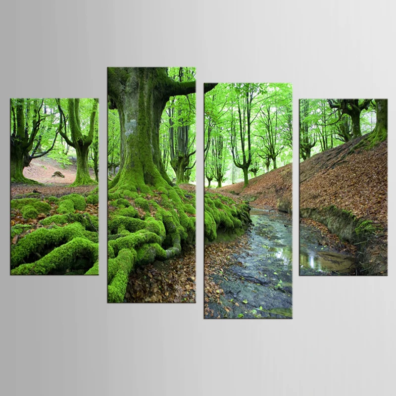 Framed 4 Panel Forest tree Wall Art Oil Painting On Canvas Printed