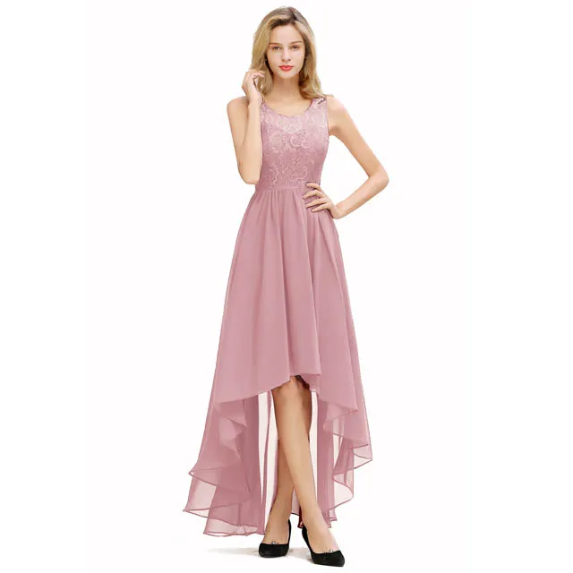 Элегантный Для женщин, для девушек, без рукавов, длинное коктейльные платья с круглым декольте вырезом кружевное асимметричное, коктейльное Платья для вечеринок - Цвет: Dusty Pink