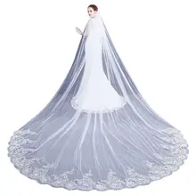 4 м Однослойная Женская Длинная свадебная вуаль со шлейфом, вышитая цветочной кружевной аппликацией, зубчатая отделка, фата невесты с гребнем