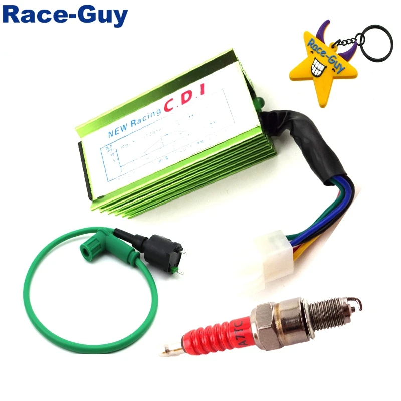 

Green High Performance Racing Ignition Coil + Aluminum 5 Pin AC CDI Box + Red Spark Plug A7TC For 50cc 70cc 90cc 110cc 125cc 140