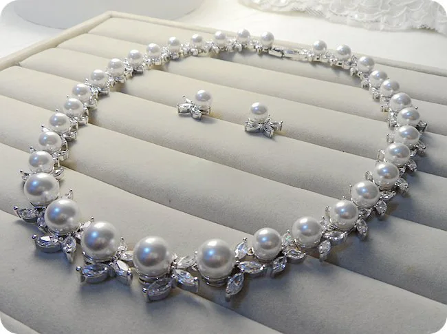 

Simple elegant zircon pearl necklace earring suits bridal accessories clavicle chain