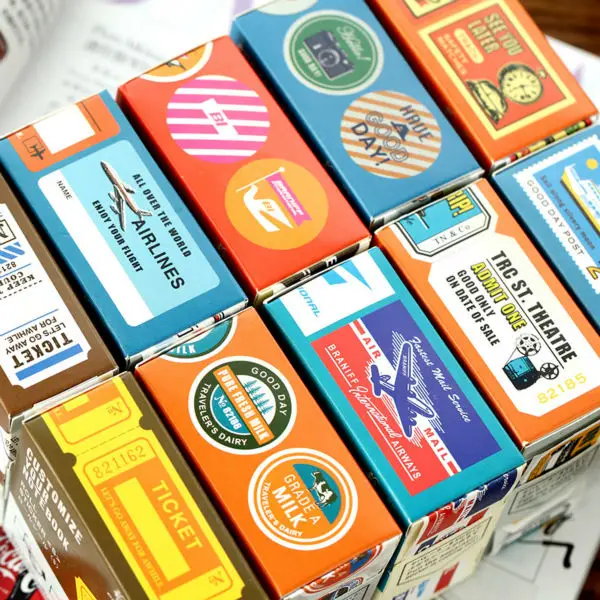 1Box DIY Vintage Retro Travel Stamp Boxed Papery Small Stickers Korea Diary Notebook Photo Gallery Decoration Customize Sticker