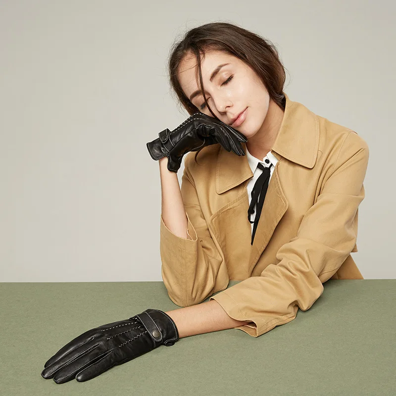 

Genuine Leather Gloves Female Winter Warm Sheepskin Plus Velvet Thicken Short Black Driving Touchscreen Woman's Gloves QZ7013