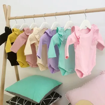 

Shimmy Long Sleeve baby romper,cotton baby playsuit jumpsuit plain color ruffle baby girls romper