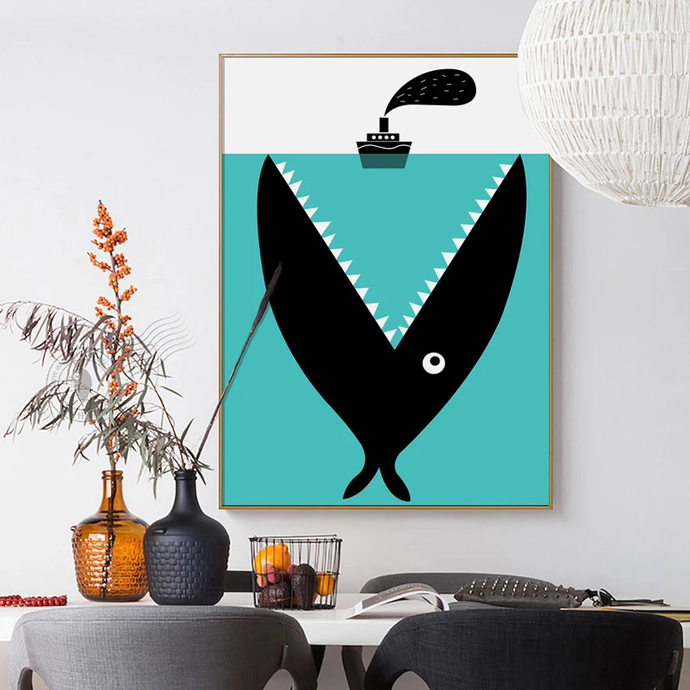 233 48 De Réductionmoderne Simple Nordique Dessin Animé Poisson Bateau Mer Requin A4 Toile Peinture Art Imprimer Affiche Mur Peinture Maison Mur