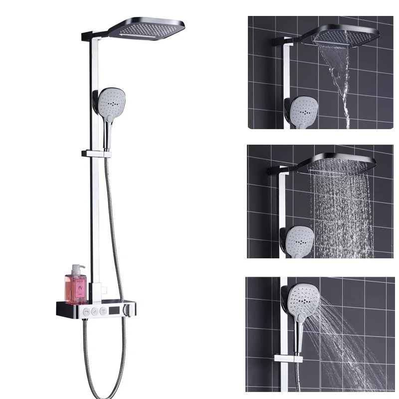 

Digital Display Thermostatic Waterfall Shower Set Exposed Wall Mounted Rain Shower + ABS 3 Functions Handheld Shower