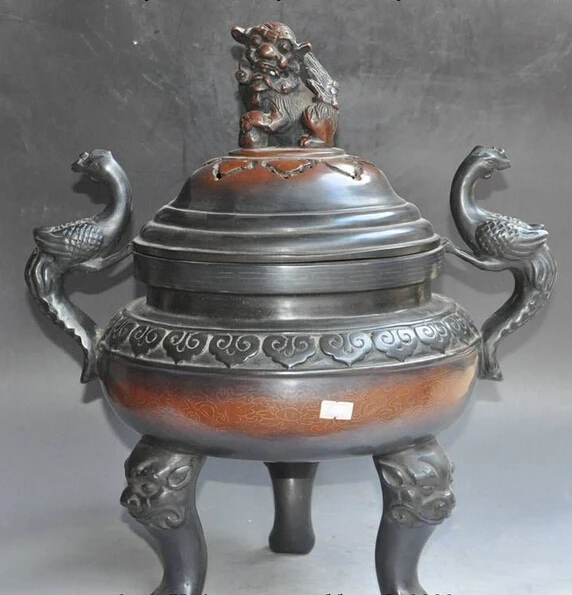 

xiuli 003654 17" Chinese 100% Pure purple Bronze phoenix d foo dog statue Incense Burner