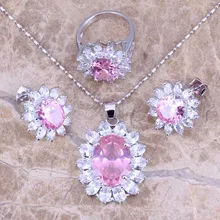 Rosa Blanco de la CZ Joyería Conjuntos Pendientes Colgante Anillo de Plata Para Mujer Talla 6 7 8 9 10 S0060