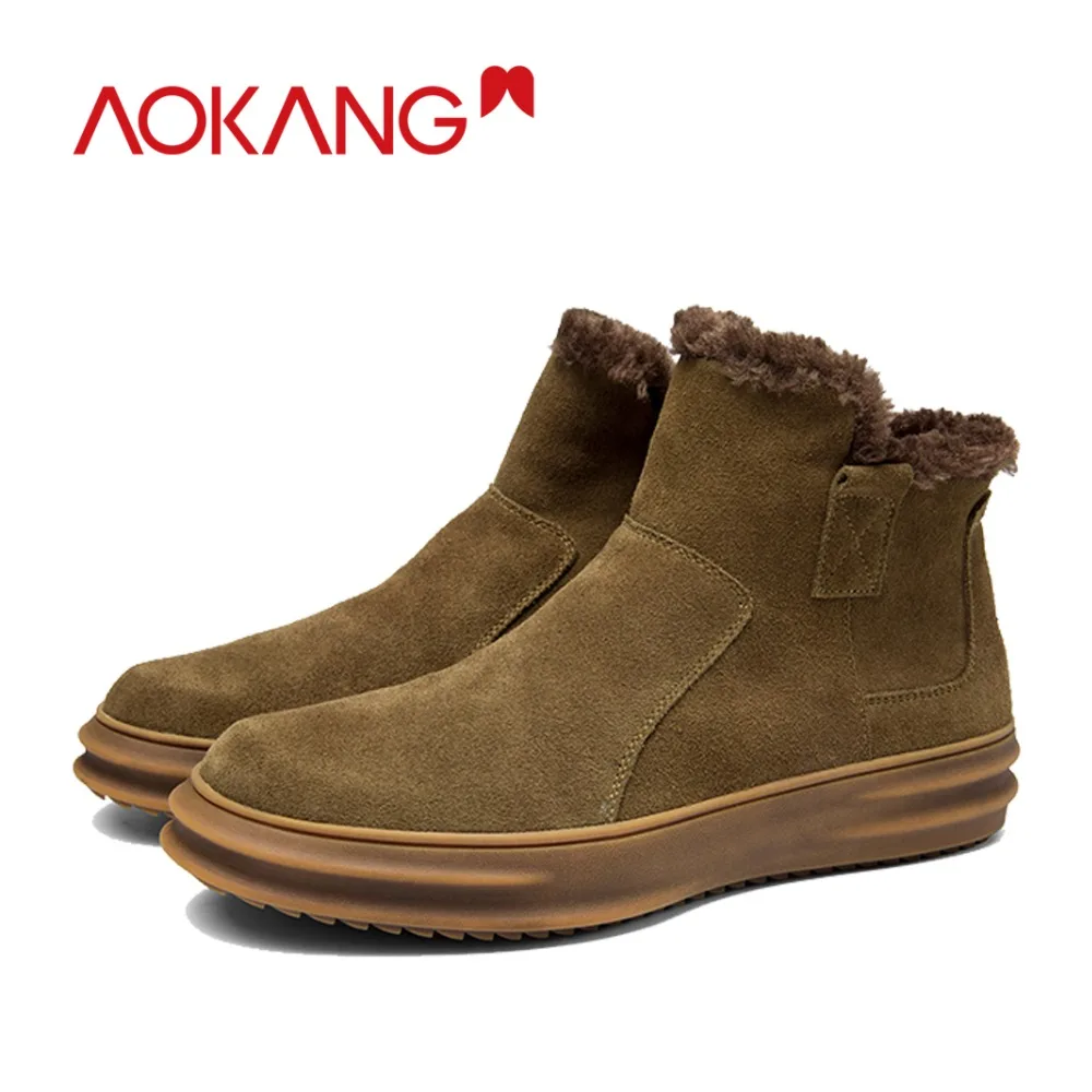 

AOKANG 2018 New Arrival winter Men boot Shoes casual genuine leather short plush sewing flat zipper solid younth boots man shoes