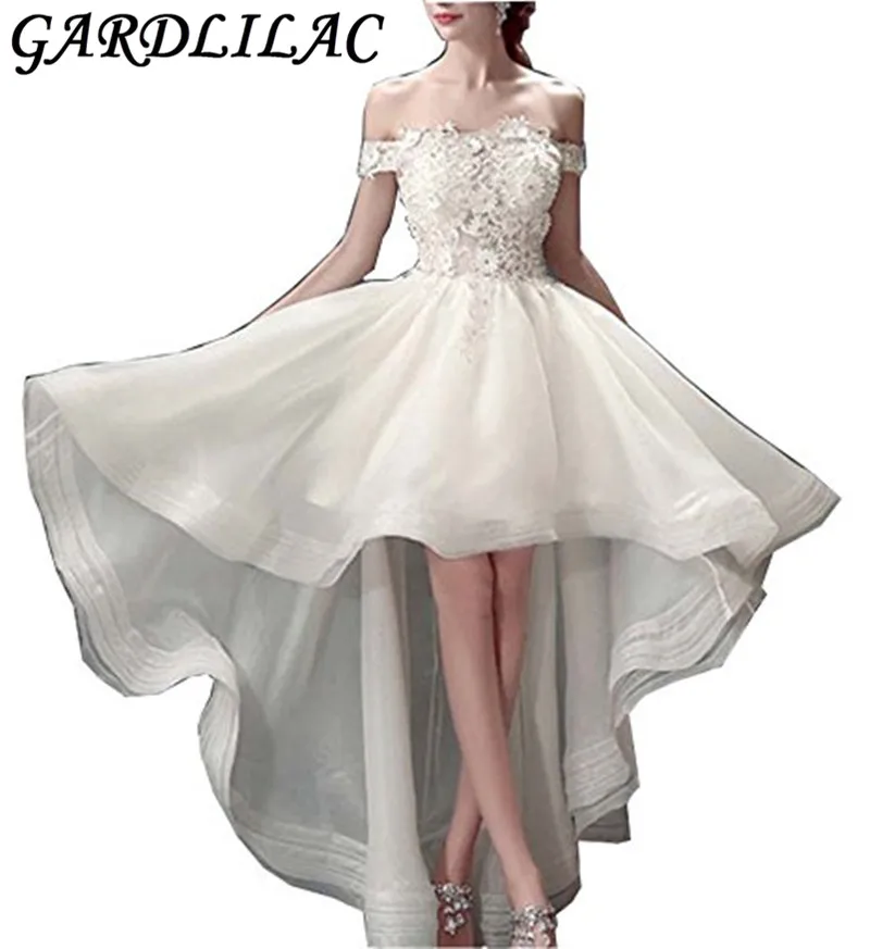 Gardlilac Lace Hi-Low Short Wedding Dress Boat Neck Applique Bridal Dress White Wedding Party Dress robe de mariee 2017 Gardlilac Lace Hi-Low Short Wedding Dress Boat Neck Applique Bridal Dress White Wedding Party Dress robe de mariee 2017
