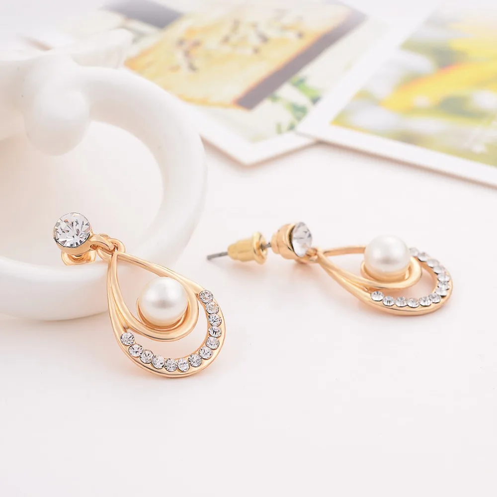 Valentine Day Gifts Gold Color Simulated Pearl Water Drop Crystal Pendant Necklace Earrings Wedding Jewelry Sets For Women