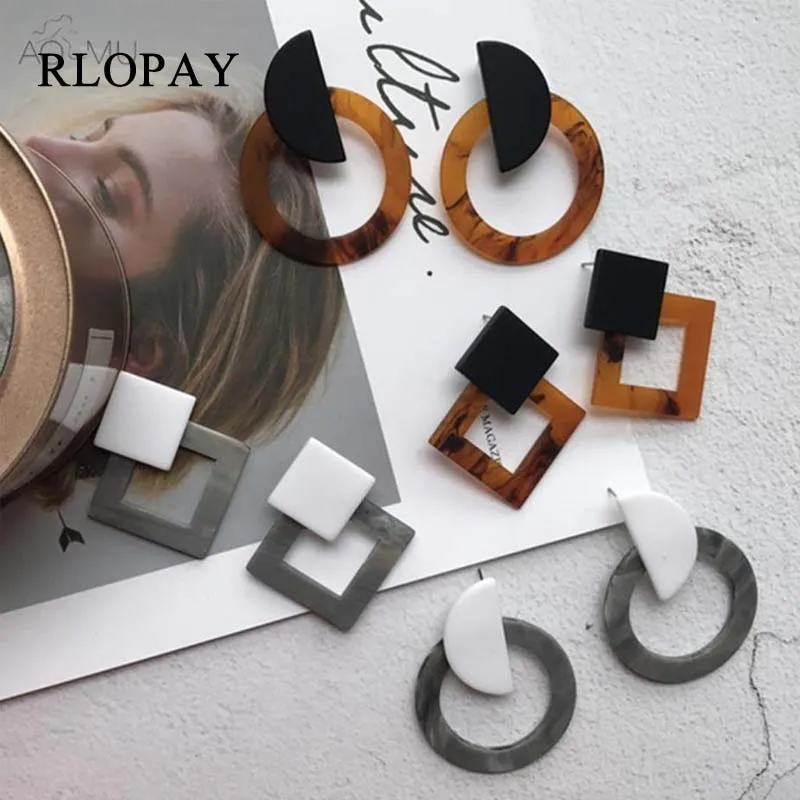 

RLOPAY Trendy Acrylic Metal Leopard Geometric Women Square Round Circle Stud Drop Sexy Earrings Brown Grey Earring Party Jewelry