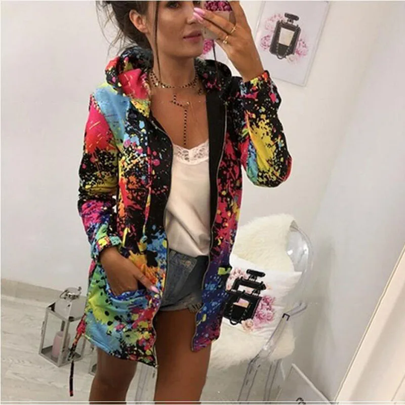 

2019 Spring Autumn Tie Dyeing Print Jacket Women Tie dyeing Long Sleeves Zipper Jaqueta Feminina Fashion Sport Hoodies